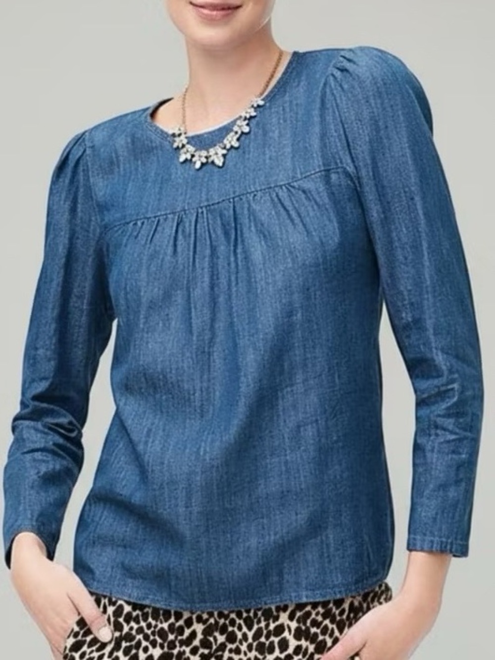 J. Crew Denim Peasant Blouse blue chambray puff-sleeve top
